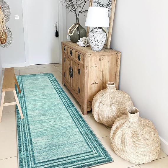 Lahome Amabel Modern Abstract Runner Rug, Washable Teal 2x6 Entryway Rug Runners Non Slip Hallway Runner, Low-Pile Soft Bathroom Runner Rug 6ft Kitchen Carpet Runner for Laundry Bedroom