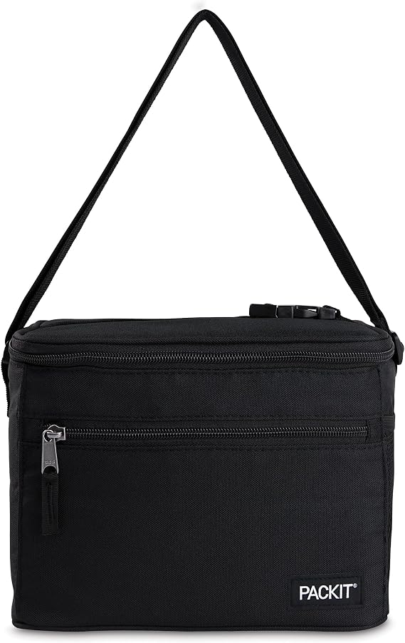 PackIt Freezable Essential Lunch Cooler, Black, Built with EcoFreeze Technology, Fully Freezable, Collapsible, Reusable, With Adjustable Crossbody Strap, Top Clip Handle, Designed for Fresh Office