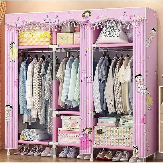 Portable Wardrobe Cloth Wardrobe Wardrobe Bedroom Folding Simple Cloth Steel Tube Bold Reinforcement Double Thicken Fabric Assembly Steel Frame,a Portable Cloth Hanger