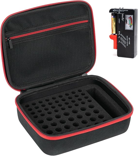 Battery Organizer Storage Case with Tester, Hardshell Portable Checker Carrying Case Holds Batteries AA AAA AAAA C D 9V, Battery Organizer Storage Box (Hold 64+ Cell)
