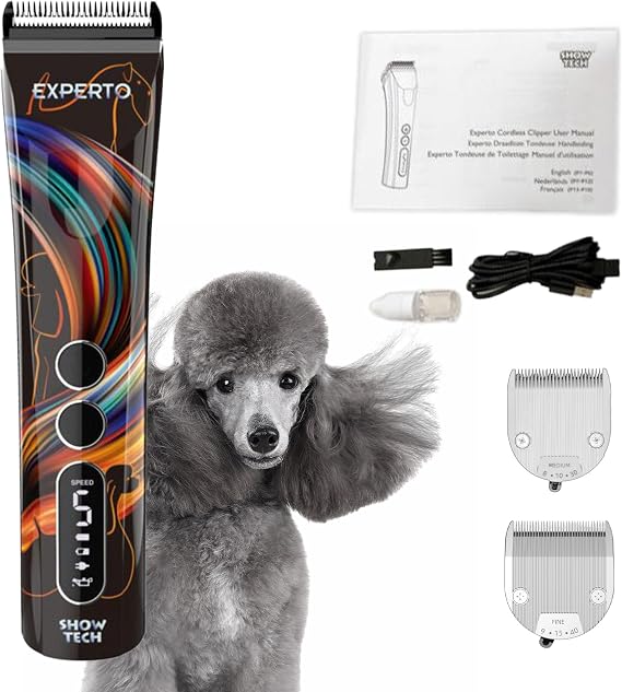 Show Tech Experto Cordless Dog Clippers, Ultra-Quiet Grooming Clipper, Powerful Rotary Smart-Clip Motor for Thick Hair, 5 Speed Settings, Dog Grooming Clipper Kit