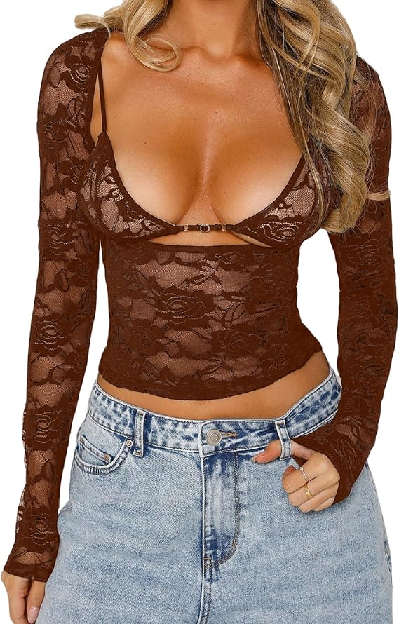 Women Long Sleeve Lace Mesh Top Slim Fit See Through Crop Shirt Y2k Low Cut Sheer Lace Shirts Blouse