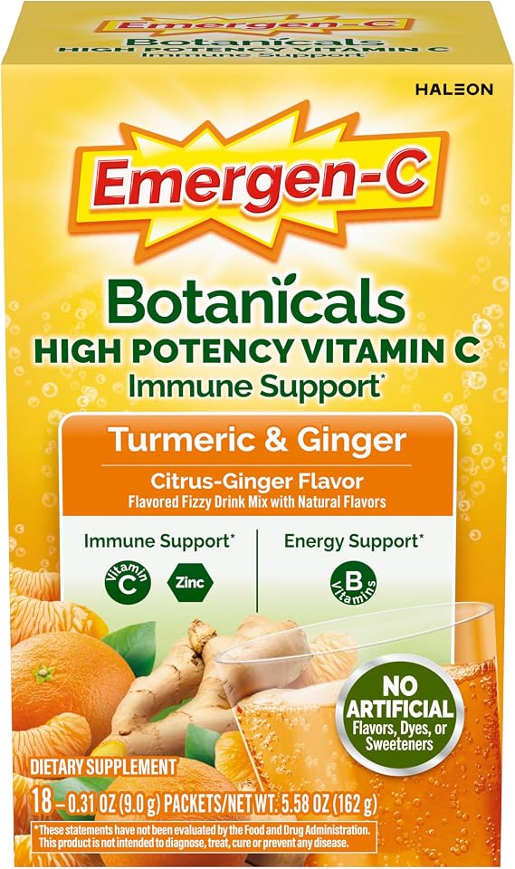 Emergen-C Vitamin C Immune Support Powder, Citrus Ginger, 18 ct | With Turmeric and Ginger, B Vitamins for Energy, Zinc and Manganese, Gluten Free, Caffeine Free