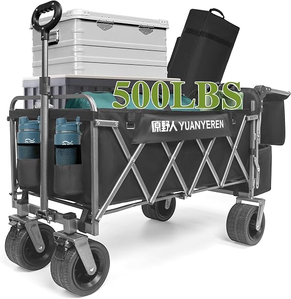 Large Capacity Collapsible Wagon with Opened Tailgate, 500lbs Pulled and Pushed Heavy Duty Folding Wagon Carts, 59" Extra Long Extender Wagons, All-Terrain Big Wheels for Shopping, Sports, Camping