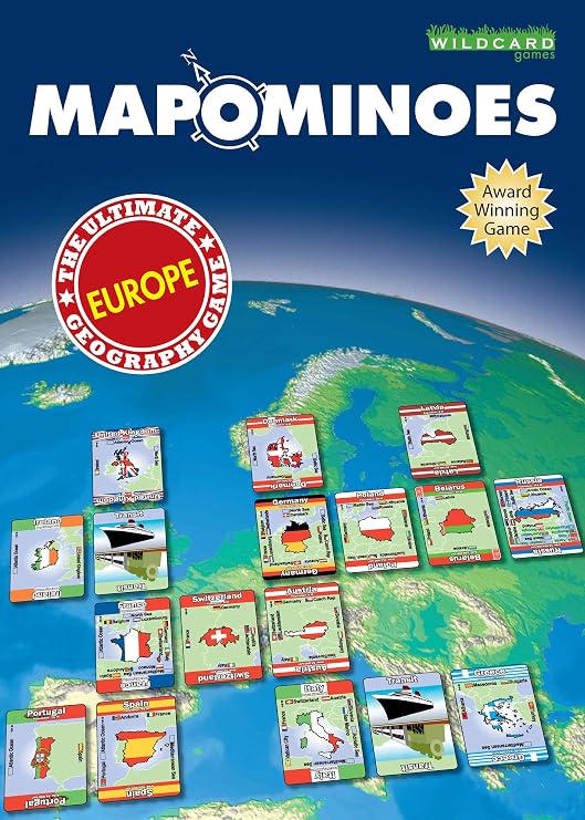 MAPOMINOES Europe The Ultimate Geography Game Fun and Educational Travel Card Game About Connecting European Countries for Kids Teens and Adults. Like Dominoes with maps.