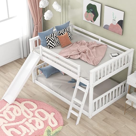 Full Over Full Bunk Bed with Slide and Ladder, Full-Size Bunk Bed for Teens, Family, No Box Spring Needed
