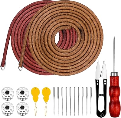 Homgaty 2 Piece Treadle Sewing Machine Belt, 183cm 316 Replacement Leather Belt Treadle Parts with Hooks,Sewing Bobbins,Needle Threader, Needles,Scissors Compatible with SingerJones Sewing Machine