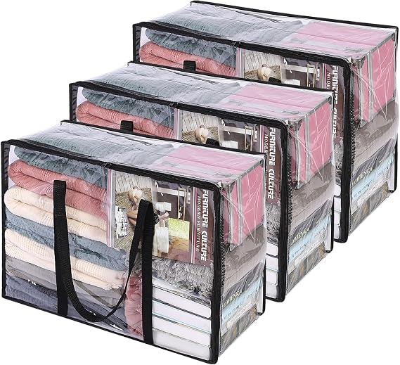Vieshful Pack of 3 Transparent Plastic Storage Bags 40 L Organiser Storage Box Clothes Storage Moving Boxes for Duvets Clothes Bedding Christmas Wreaths and Quilts