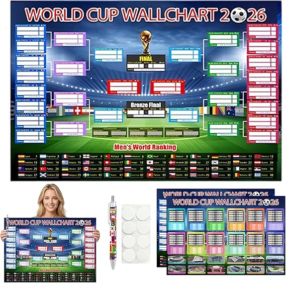 QiiWuic World Cup Wall Chart 2026, 87×58cm Interactive Foldable Poster and Handwritten Pen, World Cup 2026 Football Match Schedule Chart, Ideal for Football Enthusiasts and Sports Bar Displays