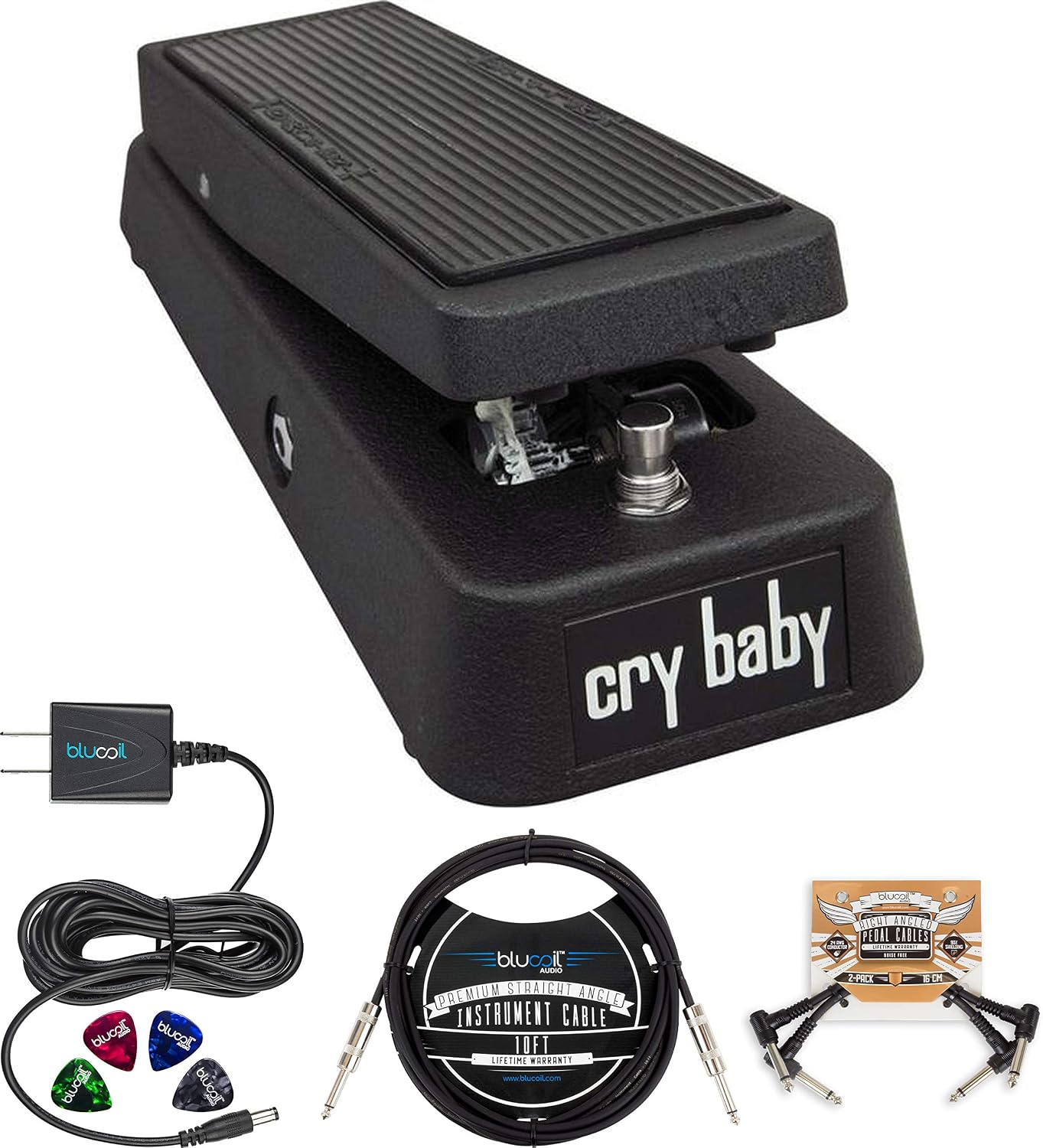 Dunlop GCB95 Cry Baby Standard Wah Pedal Bundle with Blucoil Slim 9V Power Supply AC Adapter, 10 Straight Instrument Cable 14, 2-Pack of Pedal Patch Cables, and 4-Pack of Celluloid Guitar Picks