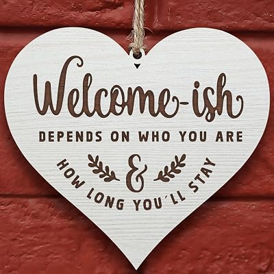 Glitzkind Hanging Wooden Heart Welcome-ish | Funny Welcome Sign for Front Door, Porch, Wall & Window | Housewarming & New Home Decor Gift Idea