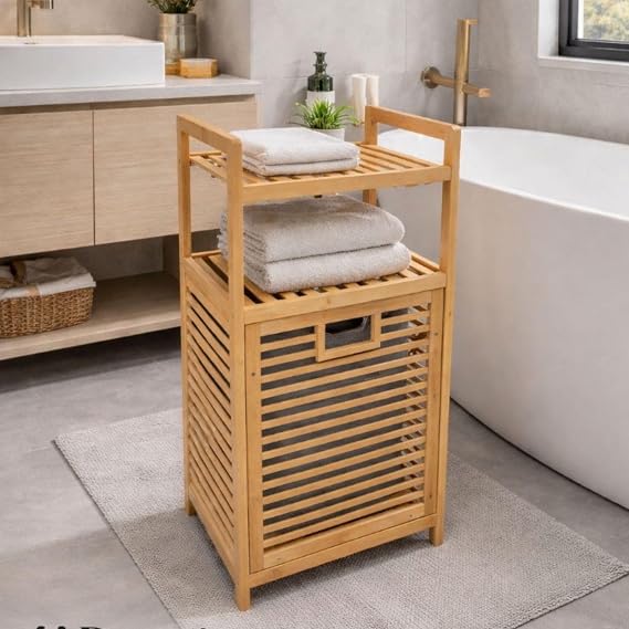 Bambu Çamaşır Sepeti ve Raflı Banyo Düzenleyici, Doğal Renk, 55 L Kapasiteli, Çıkarılabilir İç Sepetli