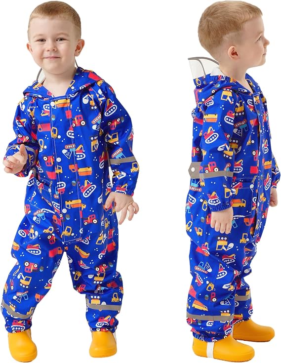 Fewlby Puddle Suit Waterproof Suit Kids, All in One Waterproof Overalls Boys Girls Rain Suit Cartoon Muddy Suit One Piece Raincoat Hoodie Rainwear for 1-10 Years