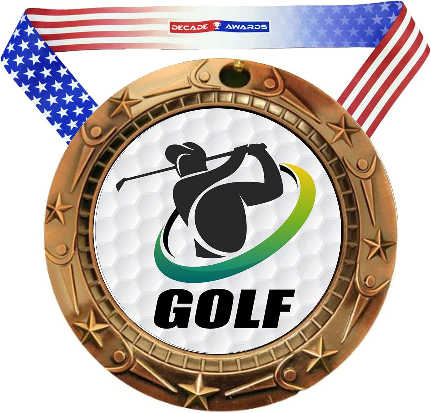 Decade Awards Golf Medal - Gold, Silver or Bronze | Engraved Golf Tournament Medal 3 Inch Wide with Stars and Stripes Neck Ribbon - Customize Now