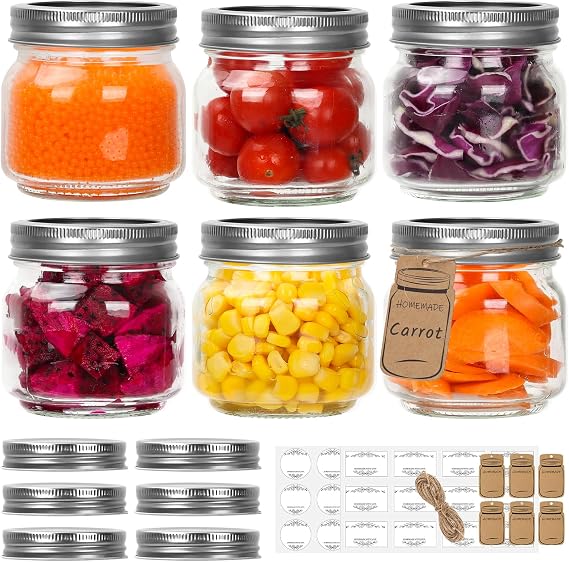 Mini Mason Jars 240ml/8oz with Regular Lids, 6 Pack Canning Jars With Labels Tags, Mini Glass Jars for Jam Jelly Spice Honey Herbs, Wedding Shower Favors Glass Food Storage Candle Jar