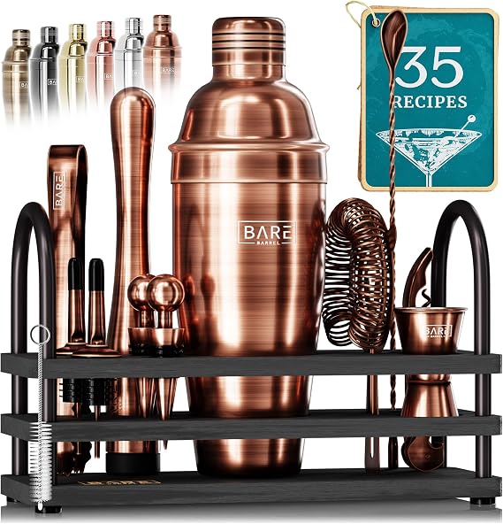 BARE BARREL Mixology Bartender Kit Bar Set | 14-Piece Cocktail Shaker Set | Martini Barware Mixing Tools for Home Bartending | 35 Recipe Cards | Gift Set (24oz Cobbler Shaker, Copper/Black)