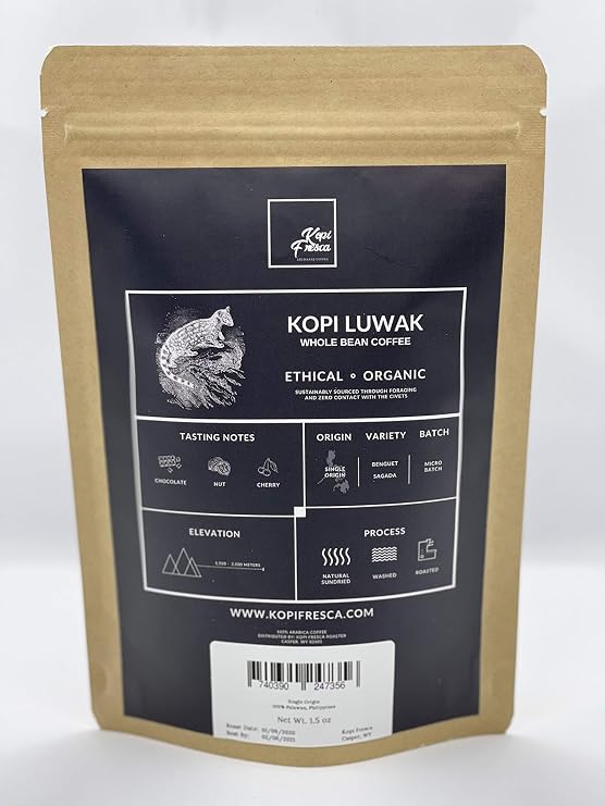 Kopi Fresca Wild Kopi Luwak Ethically Sourced Roasted Whole Bean Civet Coffee (1KG),Brown,Medium