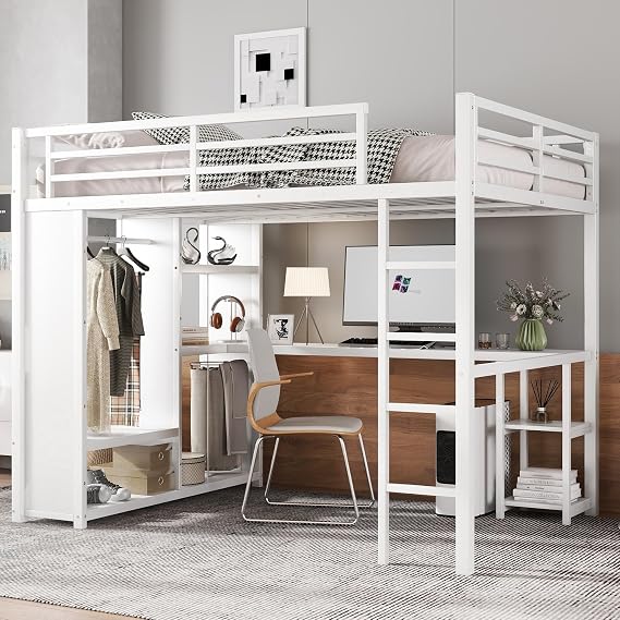 Bellemave Queen Size Loft Bed with Desk and Storage Shelves, Queen Loft Bed with Wardrobe and Hanging Rod, Game Loft Beds with Guardrail and Ladder, Heavy Duty Loft Beds for Adults Teens, White