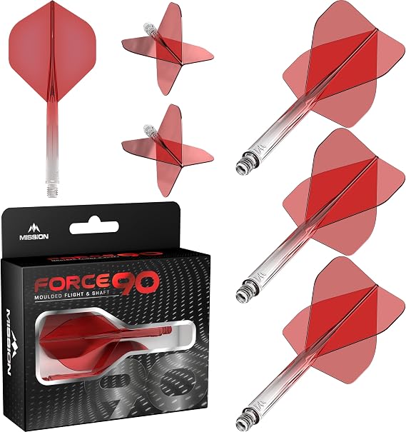 Mission Darts Force 90 | Integrated Precision Moulded Dart Flight and Shaft System, Pack of 3 Professional Highly Durable Combined Dart Flights and Stems | Standard No.2 (Red Gradient, Medium)
