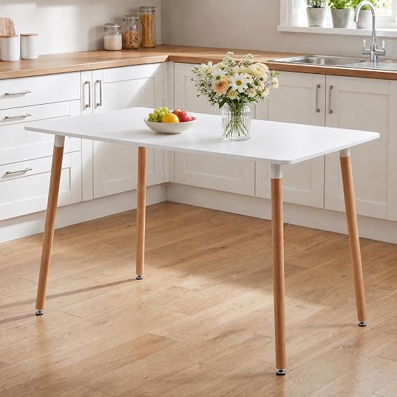 buybyroom White Small Dining Table for 4-6, 110 x 70 x 74cm, Small Rectangular Kitchen Table for Space Saving, Kitchen Home Restaurant, with Beech Wood Legs and Adjustable Anti-Scratch Foot Pads