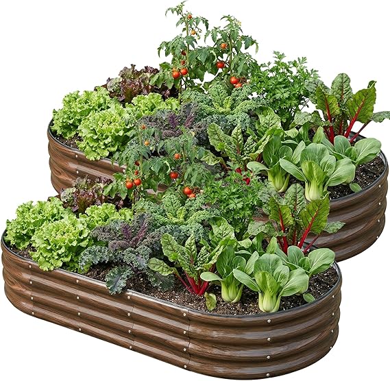 SnugNiture 2 Pcs 6x3x1ft Oval Metal Raised Garden Bed for Vegetables, Brown | Protective rubber edging strips thickened corrugated galvanized steel