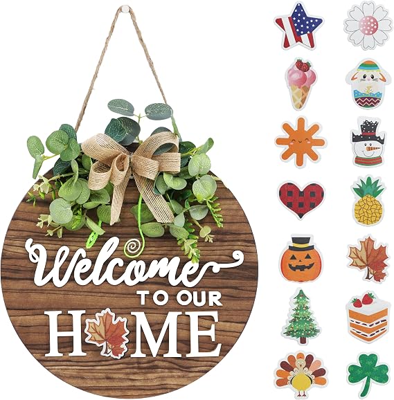 Interchange Welcome Sign Front Door Wreaths for Spring Fall Summer Winter | Rustic Wood Wreaths for Wall Home House Warming gifts Outdoor Farmhouse Porch All Seasons Holiday Halloween Christmas