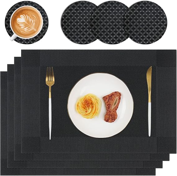Homcomodar Table Place Mats and Coasters Set of 4 Heat Resistant Placemats Washable PVC Dining Table Mats for Kitchen Dinner Indoor Outdoor Use