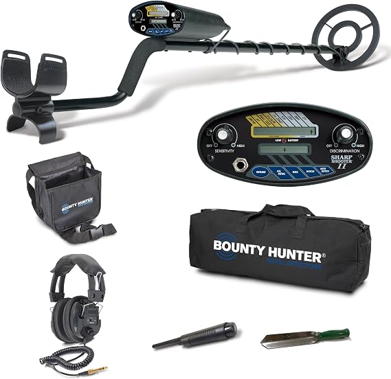 Bounty Hunter Sharp Shooter II Metal Detector Bundle with Pin Pointer, Trowel, Pouch, Headphones, Carry Bag LCD Display, Auto Notch, Discrimination, Perfect for Coins, Relics, and Jewelry