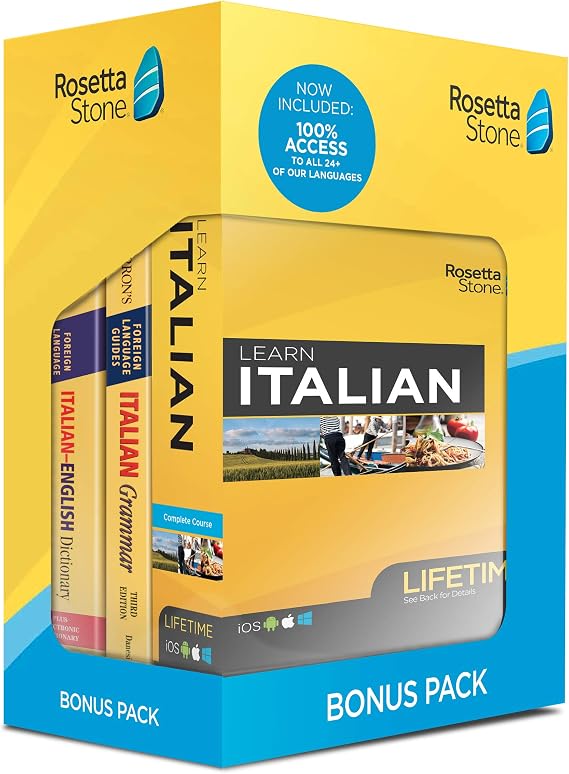 Rosetta Stone Learn Italian Bonus Pack Bundle| Lifetime Online Access + Grammar Guide + Dictionary Book Set| PC/Mac Keycard