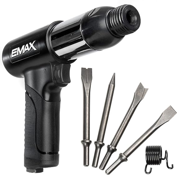 EMAX 2,100 BPM Air Hammer Kit, Pneumatic Hammer Tool Set, (4) Chisel Bits | 2,100 BPM, 4 CFM, 90 PSI, 3/4" x 7" Chisel Bits, 1/4" NPT Inlet, Vibration-Dampening Composite, Ergonomic Grip, 3.3 Lbs