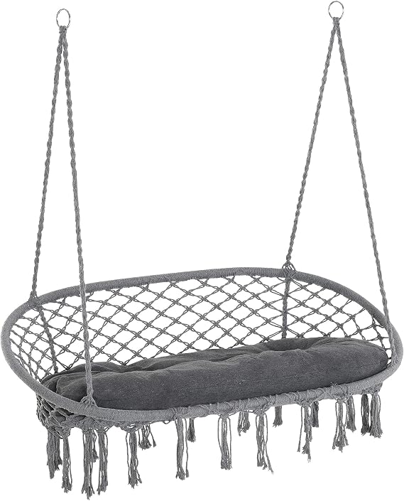 Outsunny 2-Seater Hanging Hammock Chair with Soft Cushion, Cotton-Polyester Blend Macrame Hanging Rope Chair with Metal Frame, for Patio, Garden, Balcony, Living Room, Dark Grey