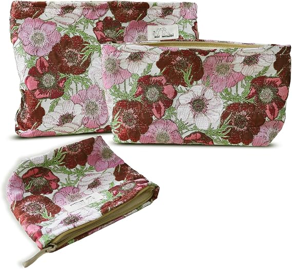 HAPPYHEIDI Large Makeup Bag Set 3 Travel Cosmetic Pouch, Red Florals
