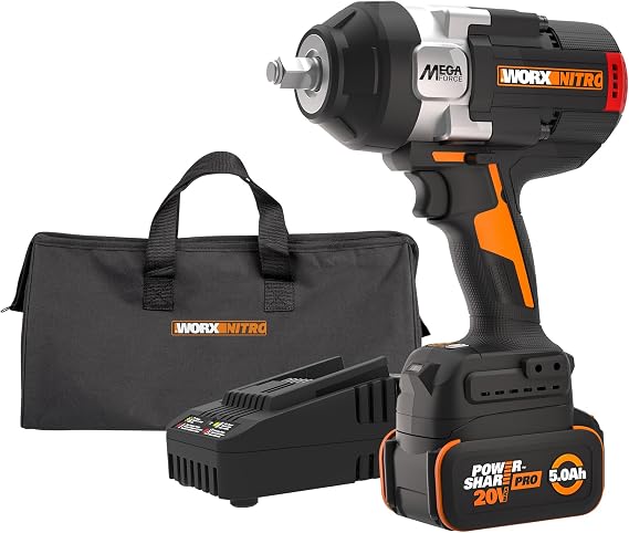 WORX Cordless Impact Wrench 20V 1/2" Brushless, WX276L | 1400 FT-LBS Breakaway Force; Constant Torque System; Auto Stop Mode; 5.0Ah Battery & 2.0Ah Charger Included; PowerShare