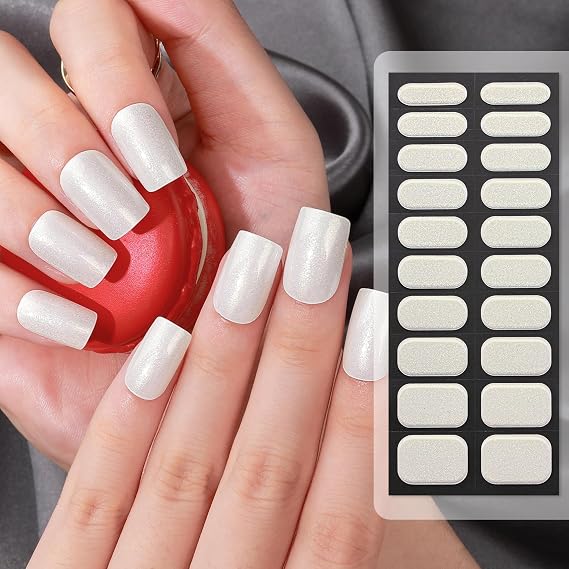 TailaiMei Semi Cured Gel Nail Strips - 20 Pcs Gel Nail Stickers, UV Light Required | Real Polish Salon Quality & Easy to Use (Pearlescent White200)