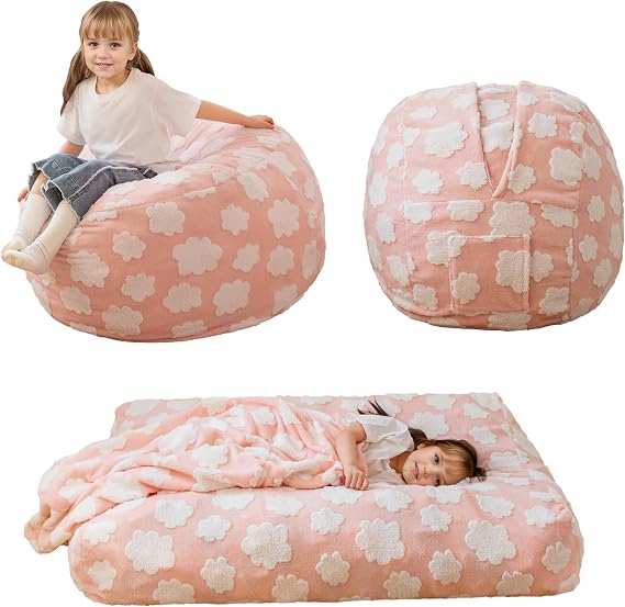 MAXYOYO Bean Bag Chair for Kids, Convertible Bean Bag from Lazy Chair to Floor Couch, Fresh Cloud Design Cover, Stuffed Floor Sofa Couch for Boys and Girls, High-Density Foam Filling, Pink