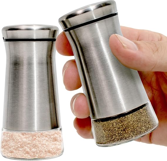 Willow & Everett Salt and Pepper Shaker Set - Stainless Steel & Glass with Adjustable Pour Dial - Ideal for Pre-Ground Spices & Seasoning Blends