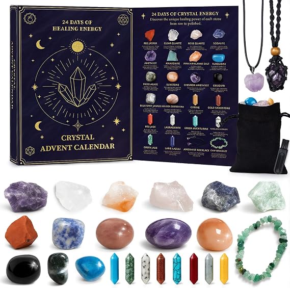 Christmas Crystal Advent Calendar 2025: 24 Healing Crystals & Gemstones Countdown Box with Necklace & Bracelet, Surprise Gift for Women, Men, Teens & Kids, Holiday & Family Fun 1