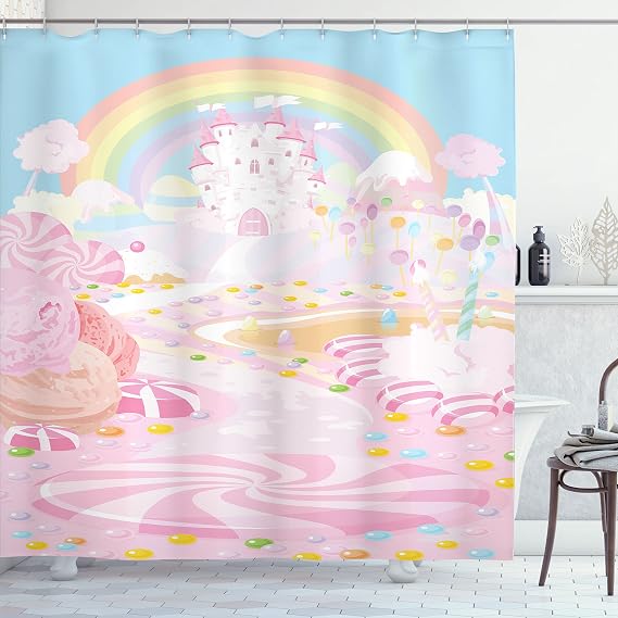 Ambesonne Feminine Shower Curtain, Lollipop on The Road to Kingdom Colorful Rainbow in The Clear Sky, Cloth Fabric Bathroom Decor Set with Hooks, 69" W x 70" L, Pink and Blue