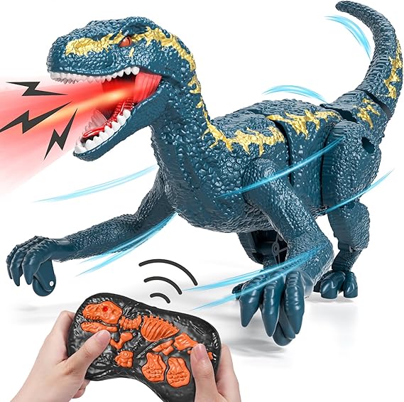 RC Realistic Velociraptor Dinosaur Toy with Lights Sounds for Boys Ages 3–8 | One-key auto demo function, lifelike walking dino playset,Christmas birthday holiday gift for toddler boys and kids ﻿