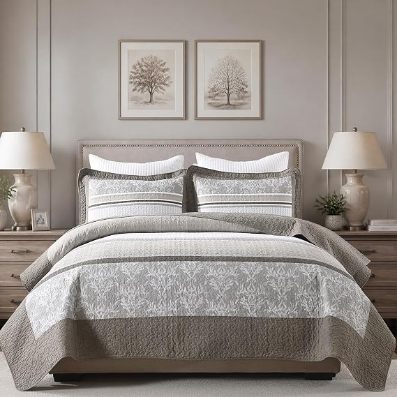 Quilta Quilts Queen Size, Striped Damask Scrollwork Design, Gray/Begie