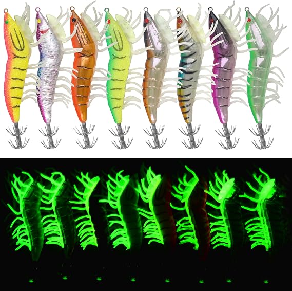 Luminous Shrimp Squid Jig Hooks, 8pcs/Bag Plastic Shrimp Squid Bait Cuttlefish Octopus Fishing Lures with Silicon Legs Multineedle Baits Glow in Dark