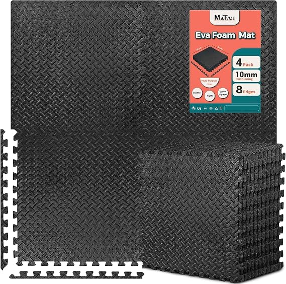 Gym Flooring Exercise Foam Mats 60x60cm – 1cm Thick, 4 Pcs Black Large EVA Interlocking Floor Tiles, Non Slip Heavy Duty Floor Mat Home Gym, Garage, Office & Kids Play Area. (16 Square Feet)