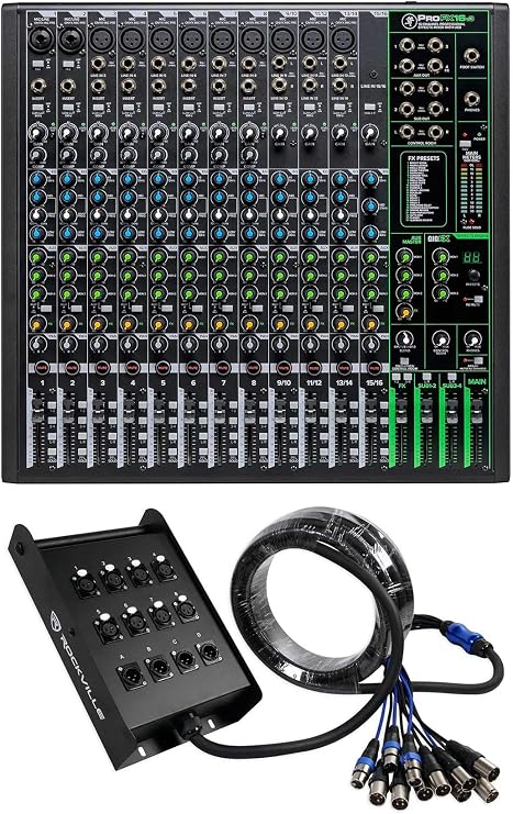 Mackie ProFX16v3 16-Channel 4-Bus Professional Effects Mixer w/USB ProFX16 v3 Bundle with Rockville SX1225 12 Channel 25 Foot XLR Snake Cable, 100% OFC, Double Shielded