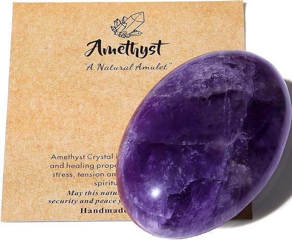 2.4" Large Amethyst Crystal Stone Polished Palm Stone Healing Crystals 0.7" Thick Natural Reiki Gemstone Worry Stone Energy Balancing Anxiety Stress Relief Meditation