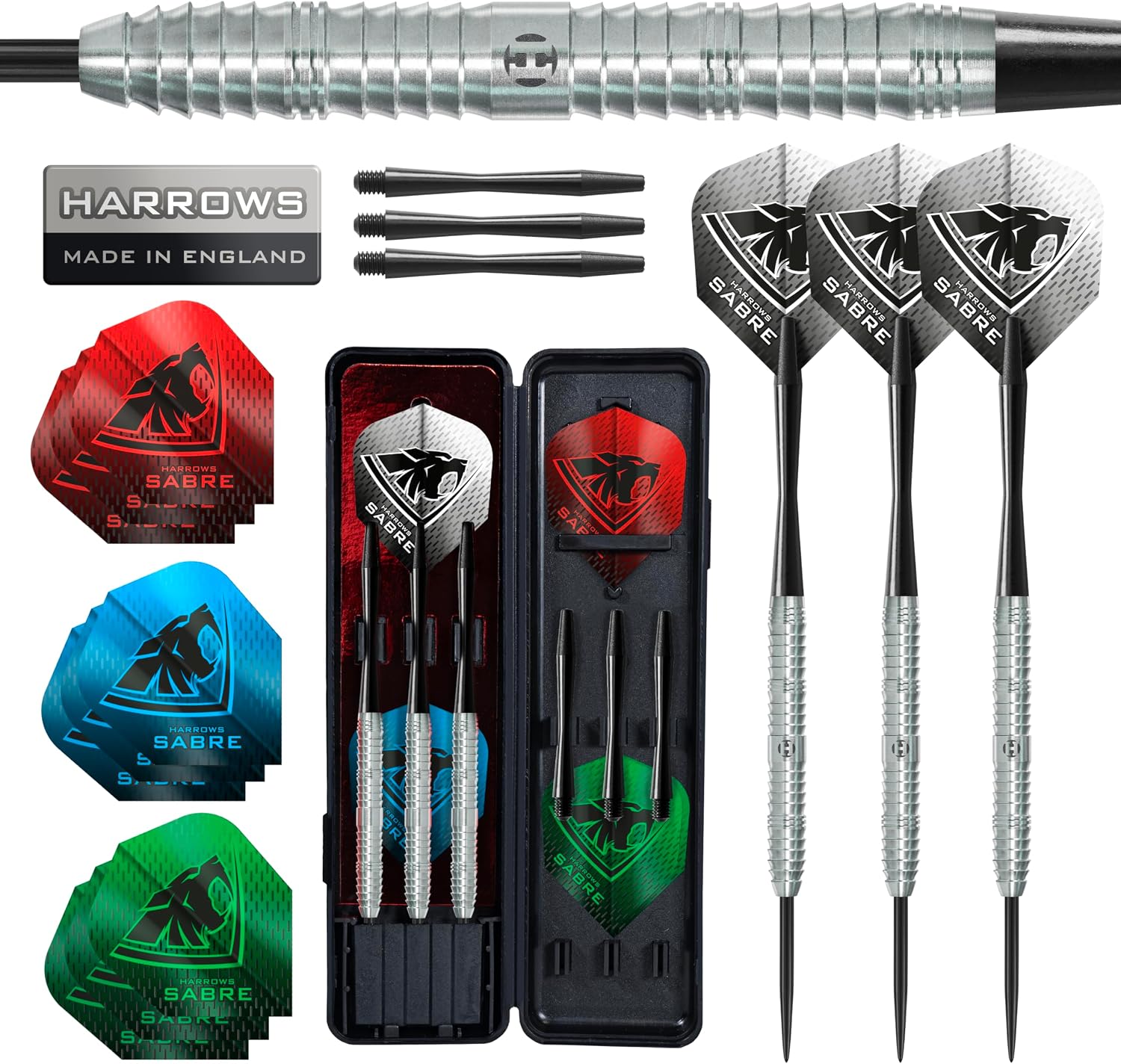 Harrows Sabre Dartpfeil-Set mit 90% Wolframstahlspitze 21 g bis 26 g alle Gewichte erhältlich riesiges 16-teiliges Bündel mit Ersatzschäften Prime Flights und Reiseetui