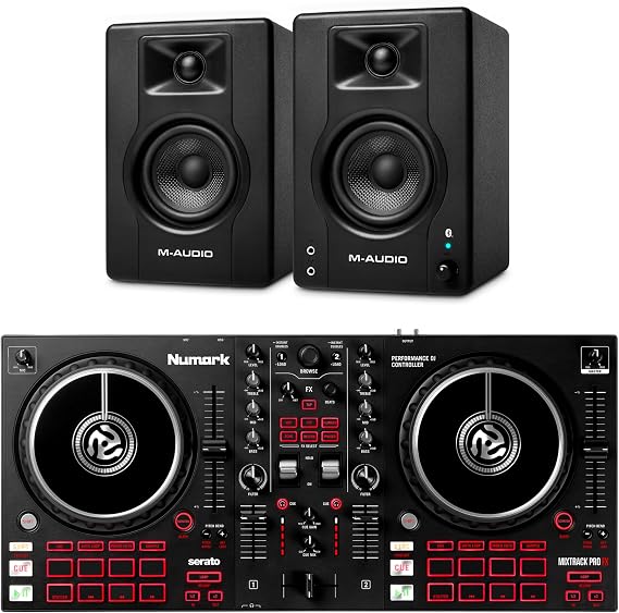 Numark Mixtrack Pro FX DJ Controller and M-AUDIO BX3 Pair Bluetooth Studio Monitors for Studio Recording, Music Production, Podcasting, Streaming