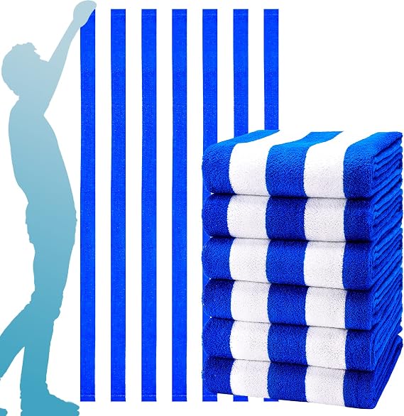 6 Packs Stripe Beach Towel Thin Terry Set XL Big Extra Large Oversized Accessories Essentials Soft Super Absorbent Clearance Pool Swim Camping Travel Bath Towels Bulk Men Women Adults Gift Blue