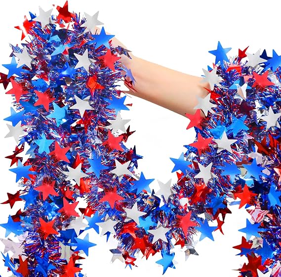 26.25ft 4th of July Garland, 4th of July Decorations | Patriotic Red White Blue Star Tinsel Garland, Hanging Banner for 4th of July Independence Day Celebration Parade Decorations