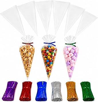200 Transparent Cone Cello Bags 7" x 15" (17.8 x 38.1cm) with Twist Ties 6 Mix Colors - 1.4 Mil Extra Thick OPP Plastic Bags