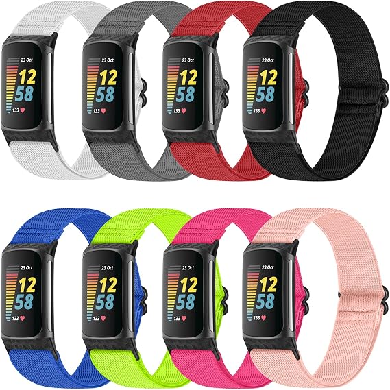 Fitbit Charge 5 ile Uyumlu Elastik Bantlar, Ayarlanabilir Naylon Nefes Alabilir Yedek Kayışlar Fitbit Charge 5 için Kadın ve Erkek için Bileklik (8'li Paket)